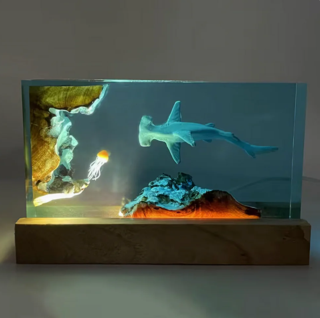 Hammer Head Shark and Jellyfish Resin Lamp