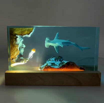 Hammer Head Shark and Jellyfish Resin Lamp